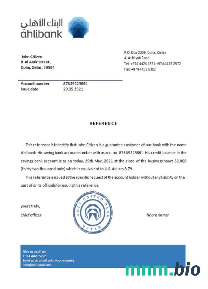 Przykład odniesienia do banku Qatar Ahli w formatach Word i PDF